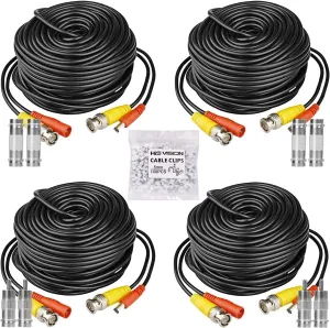 4 Pack 100ft BNC Video Power Cable, Security Camera Wire Cord Extension Cable, 8pcs BNC Connectors and 100pcs Clips for Surveillance System