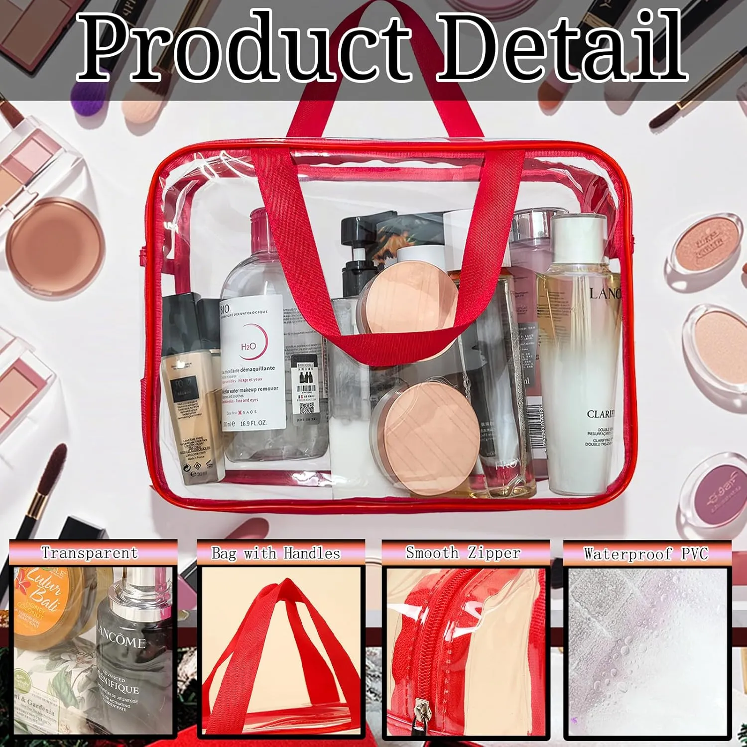 4 Packs Large Clear Makeup Bag, Waterproof Clear Comestic Toiletry Organizer Bags with Handle, Reusable PVC Storage Bags with Zipper for Travel (4, Multicolor)