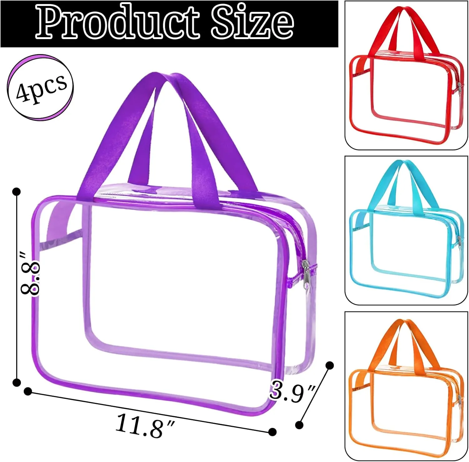 4 Packs Large Clear Makeup Bag, Waterproof Clear Comestic Toiletry Organizer Bags with Handle, Reusable PVC Storage Bags with Zipper for Travel (4, Multicolor)