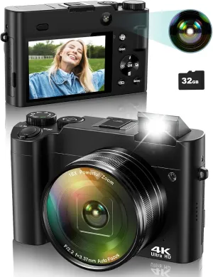 4K Digital Camera for Photography, 64MP Autofocus Vlogging Camera for YouTube with Selfie Lens, Compact Travel Video Camera with Flash, 16X Zoom, Anti-Shake, 32GB Card, 2 Batteries(Black)