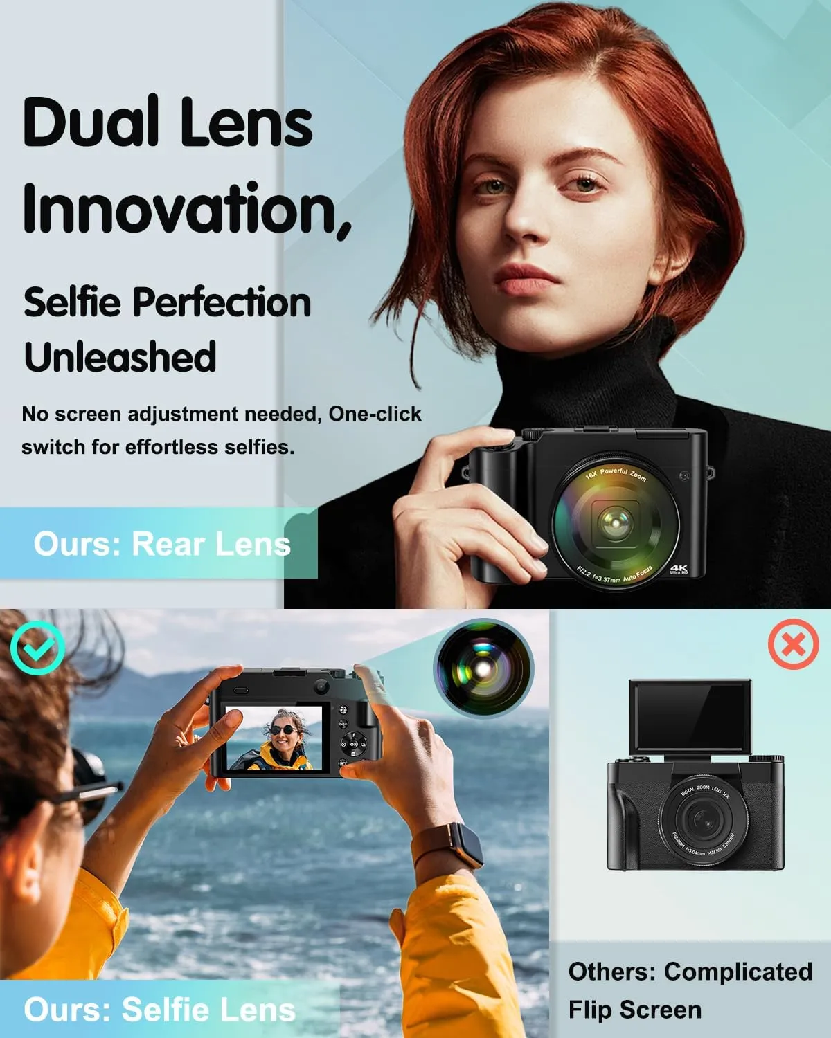 4K Digital Camera for Photography, 64MP Autofocus Vlogging Camera for YouTube with Selfie Lens, Compact Travel Video Camera with Flash, 16X Zoom, Anti-Shake, 32GB Card, 2 Batteries(Black)
