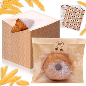 600 Pcs Bakery Bags for Cookies with Window Heat Sealable kraft Cookie Bags Brownie Packaging Pastry Bags with Paper Stickers Donut Bread Cookie Goods Sandwich Baked Treat (600)