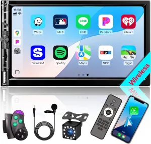7“ Double DIN Car Stereo with Wireless Apple CarPlay Android Auto, Car Radio Bluetooth 5.2, IPS 1024 600 Touch Screen, Backup Camera, FM Radio, Subwoofer, USB,SWC, MIC, Car Audio Receiver,Car Play