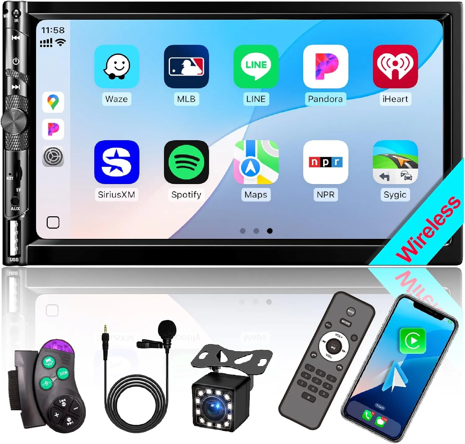 7“ Double DIN Car Stereo with Wireless Apple CarPlay Android Auto, Car Radio Bluetooth 5.2, IPS 1024 600 Touch Screen, Backup Camera, FM Radio, Subwoofer, USB,SWC, MIC, Car Audio Receiver,Car Play