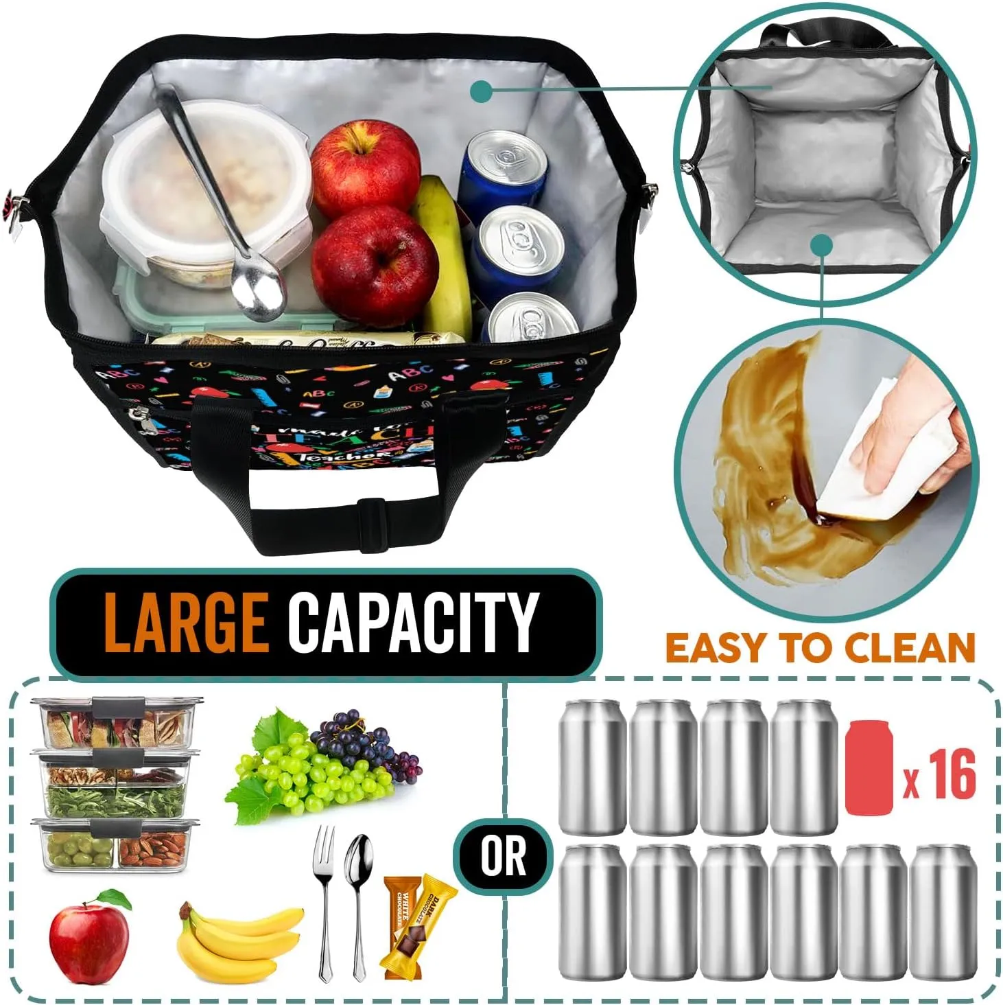 84hoods Large Lunch Bag for Women. Gift for Teachers. Insulated Lunch Box for Work Office Travel Picnic with Adjustable Strap. Made to Teach.