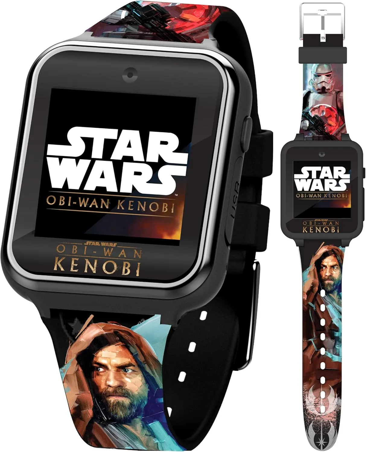 Accutime Star Wars OBI-Wan Kenobi Kids Smart Watch with Touchscreen, 10 Jedi Clock Faces, Selfie Camera, Games, Stopwatch, and Step Counter – Fits Wrists 5.5" to 8"