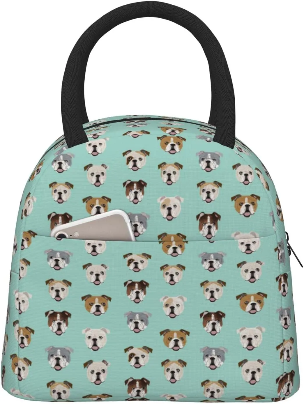 Aeoiba English Bulldog Dog Face Mint Green Insulated Lunch Box Tote Bag Handbag lunchbox Food Container Gourmet Tote Cooler warm Pouch for Beach School work Office