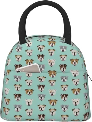 Aeoiba English Bulldog Dog Face Mint Green Insulated Lunch Box Tote Bag Handbag lunchbox Food Container Gourmet Tote Cooler warm Pouch for Beach School work Office