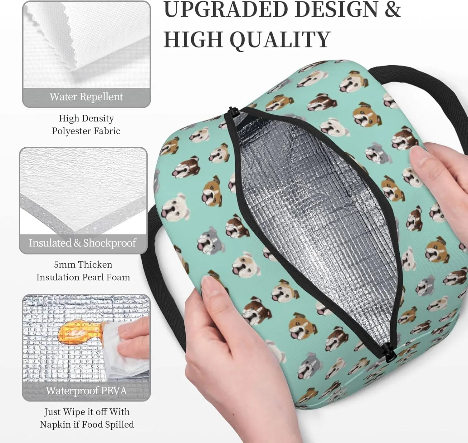 Aeoiba English Bulldog Dog Face Mint Green Insulated Lunch Box Tote Bag Handbag lunchbox Food Container Gourmet Tote Cooler warm Pouch for Beach School work Office