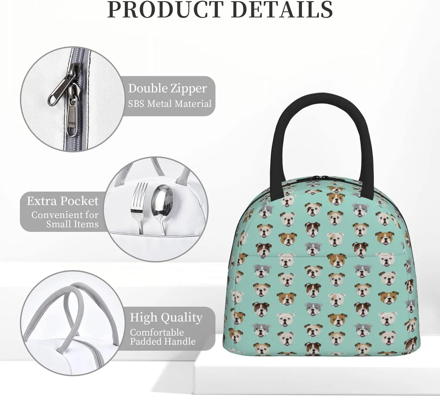 Aeoiba English Bulldog Dog Face Mint Green Insulated Lunch Box Tote Bag Handbag lunchbox Food Container Gourmet Tote Cooler warm Pouch for Beach School work Office