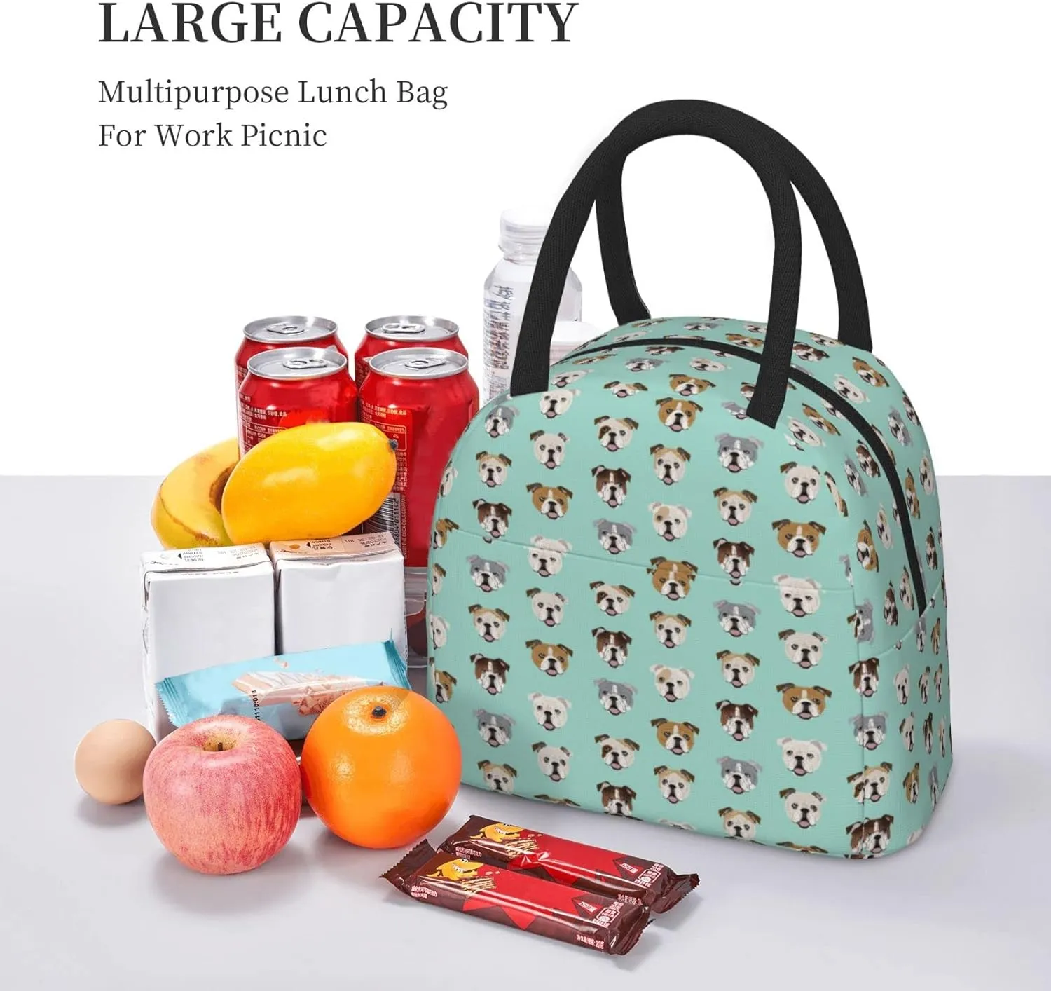 Aeoiba English Bulldog Dog Face Mint Green Insulated Lunch Box Tote Bag Handbag lunchbox Food Container Gourmet Tote Cooler warm Pouch for Beach School work Office