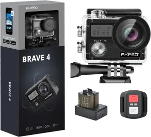 AKASO Brave 4 Action Camera 4K 30fps Ultra HD WiFi Sport Cameras with 170° FOV, Image Stabilization, 131FT Waterproof Underwater Camera with 2x1050mAh Batteries, Bicycle Accessories Kit