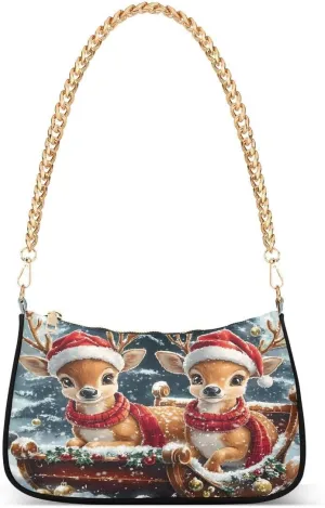 ALAZA Funny Reindeer Ball Christmas Pine Tree Chian Shoulder Bag Handbags Tote Mini Clutch Purse Hobo Bag with Zipper Closure for Women