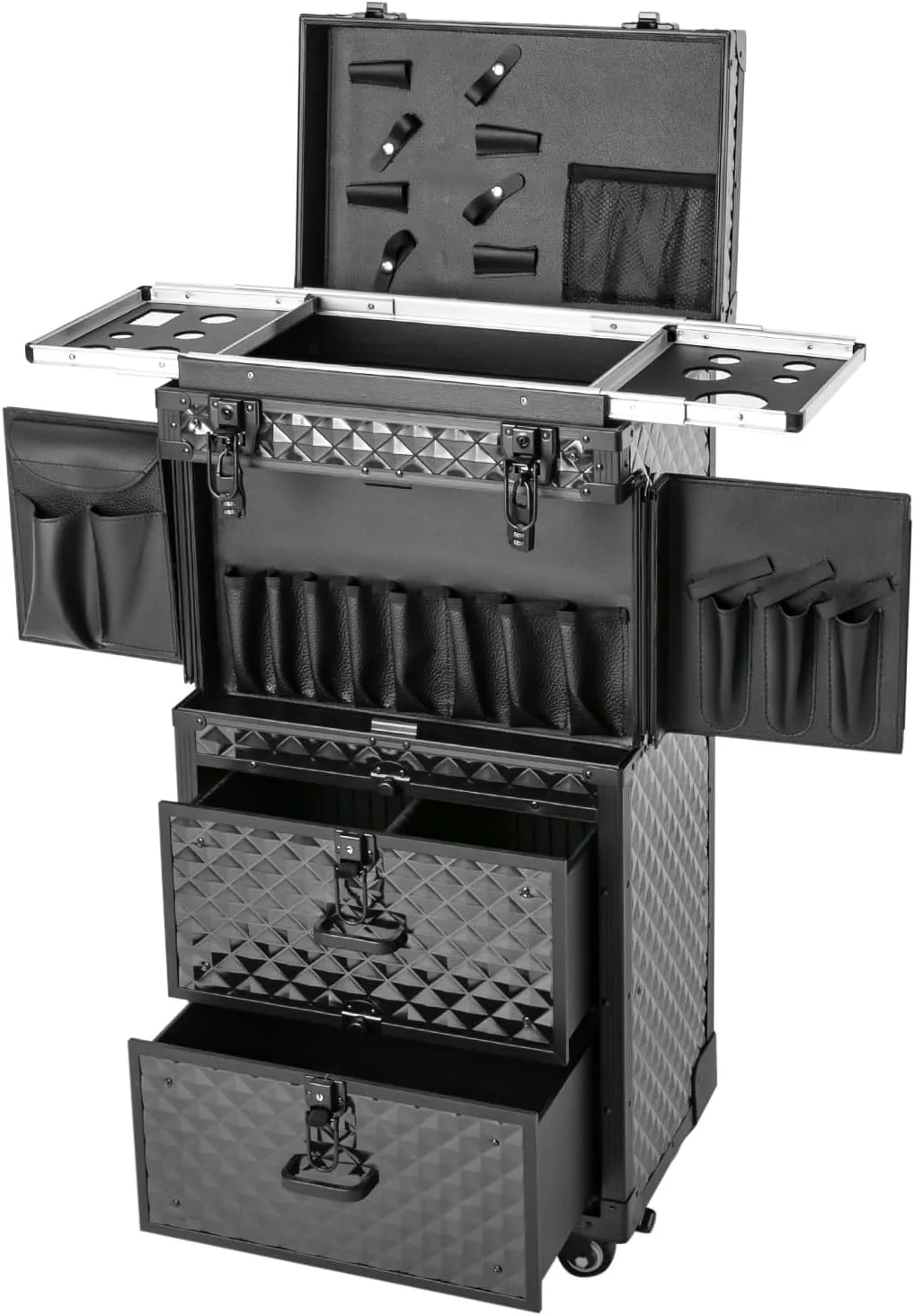 Aluminum 4 in 1 Professional Makeup Artist Rolling Train Case,Lockable Cosmetic Train Case,Large Trolley Storage Case,with Compartments and Retractable Tray,Black
