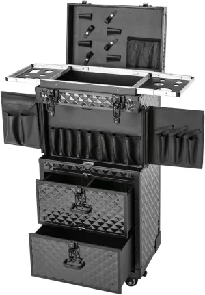 Aluminum 4 in 1 Professional Makeup Artist Rolling Train Case,Lockable Cosmetic Train Case,Large Trolley Storage Case,with Compartments and Retractable Tray,Black