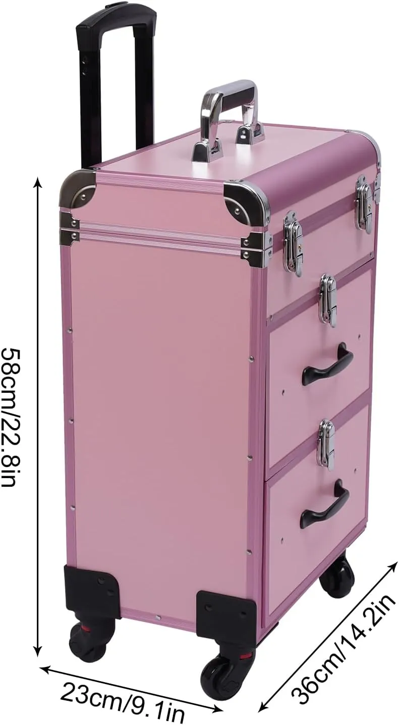 Aluminum Rolling Makeup Train Case, Portable Makeup Organizer Professional Cosmetic Trolley Large Storage Travel Beauty Luggage Trolley Salon Cosmetic Lockable w/4 Removable Wheels & 2 Sliding Drawers