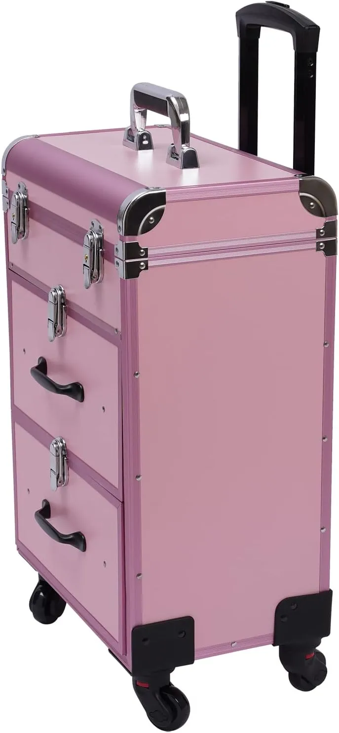 Aluminum Rolling Makeup Train Case, Portable Makeup Organizer Professional Cosmetic Trolley Large Storage Travel Beauty Luggage Trolley Salon Cosmetic Lockable w/4 Removable Wheels & 2 Sliding Drawers