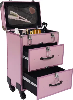 Aluminum Rolling Makeup Train Case, Portable Makeup Organizer Professional Cosmetic Trolley Large Storage Travel Beauty Luggage Trolley Salon Cosmetic Lockable w/4 Removable Wheels & 2 Sliding Drawers