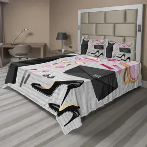 Ambesonne Heels and Dresses Sheet Set, Black Smart Cocktail Dress Perfume Make up Clutch Bag, Fitted and Flat Sheet with Pillowcases Bedding Accent 4 Piece Set, Full, Pale Brown Pale Pink