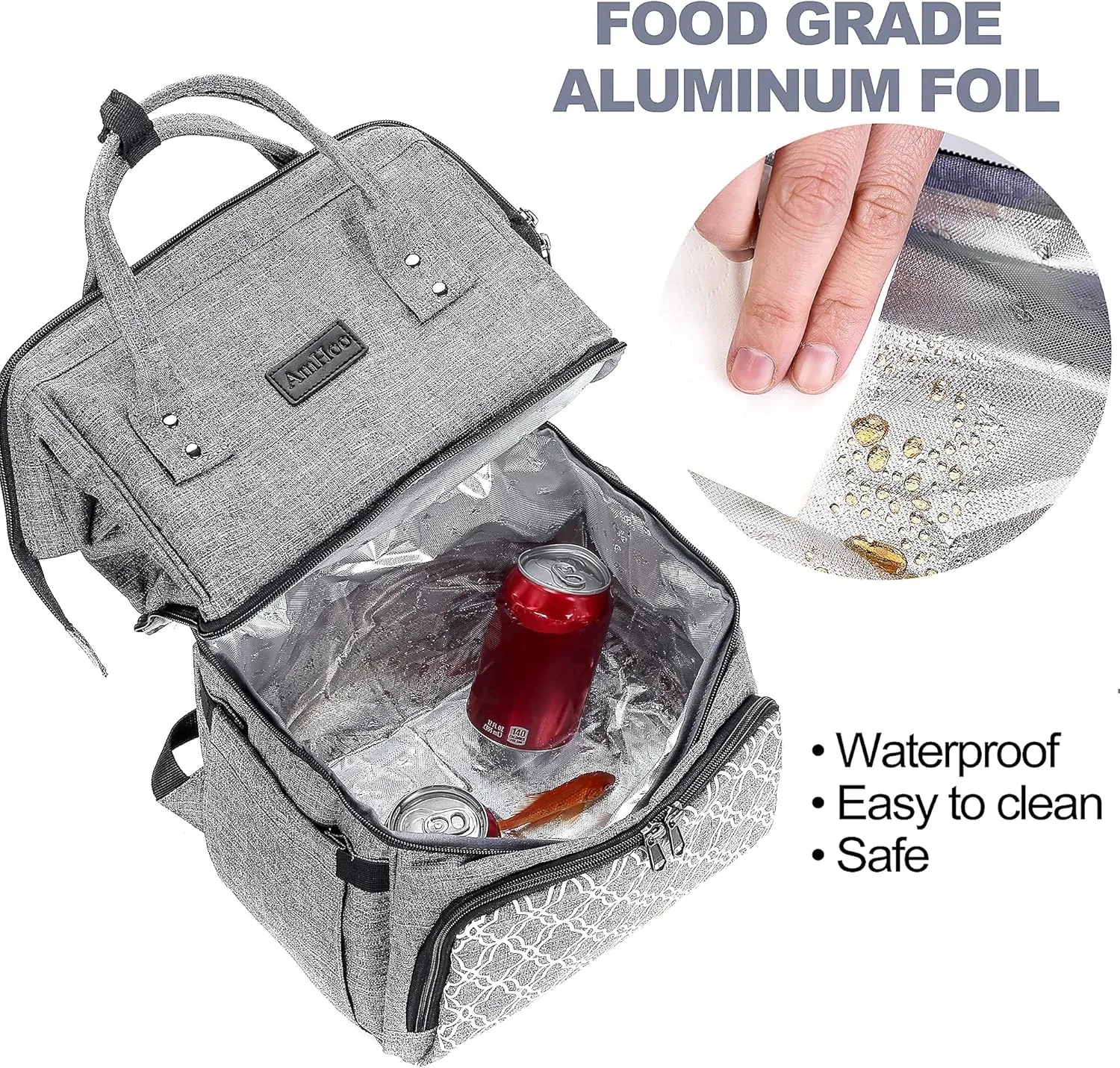 AmHoo Insulated Lunch Box Cooler Backpack Waterproof Leak-proof Lunch Bag Tote For Men Women Hiking Beach Picnic Trip with Strongest YKK Zipper Black