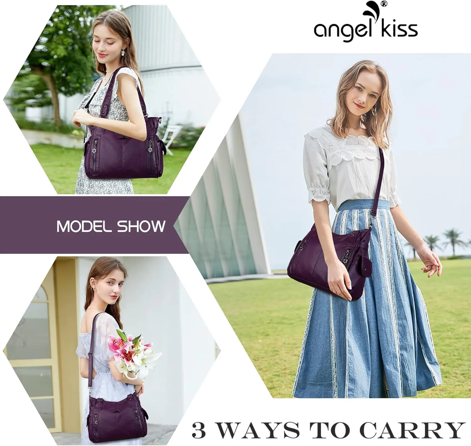 Angel Kiss Handbags for Womens Top-Handle Hobo Purse Roomy Casual Shoulder Bags PU Tote Satchel Purse for Women