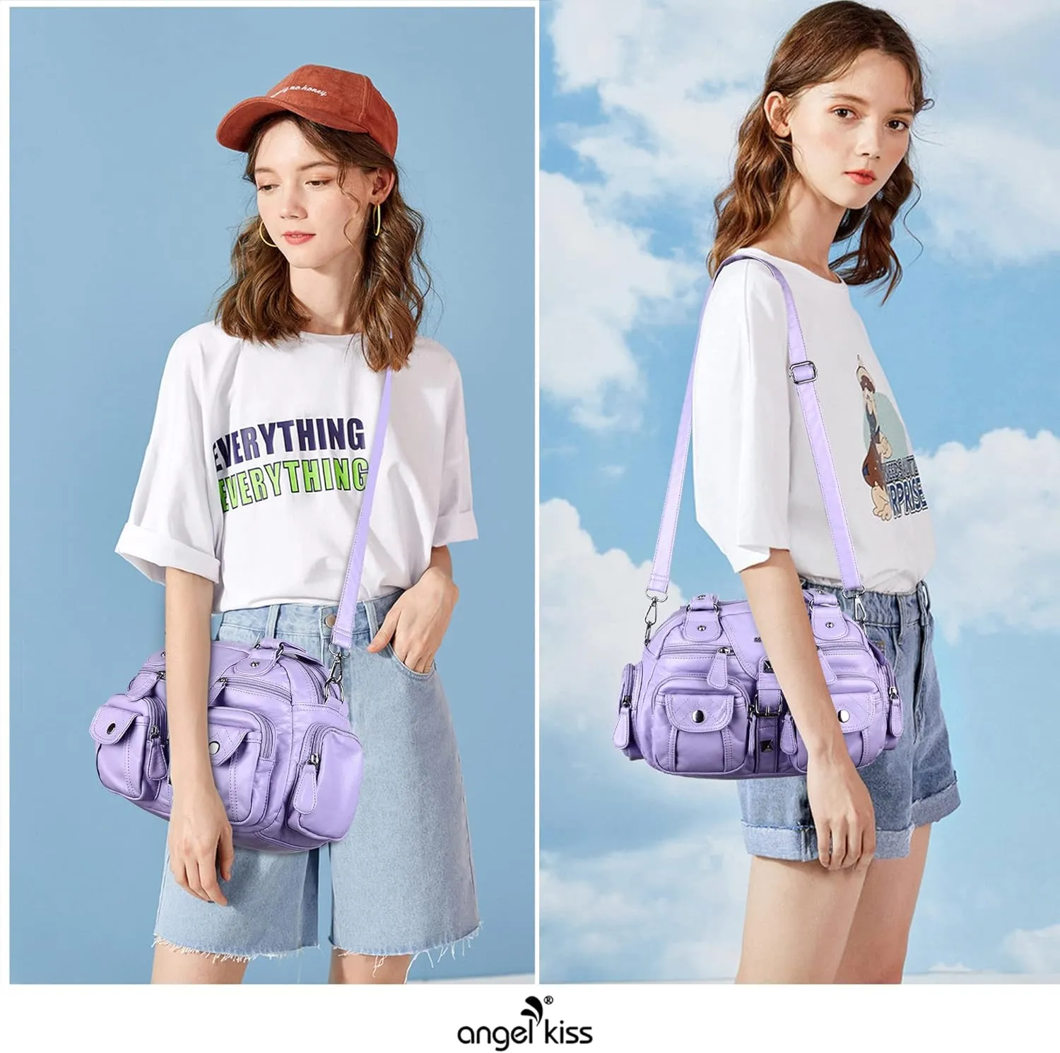 Angel Kiss Hobo Crossbody Purses for Women Shoulder Bag Multipocket Soft Hobo Purses Removable Strap Leather Handbags