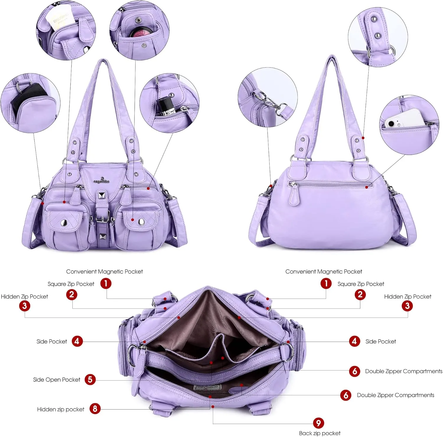 Angel Kiss Hobo Crossbody Purses for Women Shoulder Bag Multipocket Soft Hobo Purses Removable Strap Leather Handbags