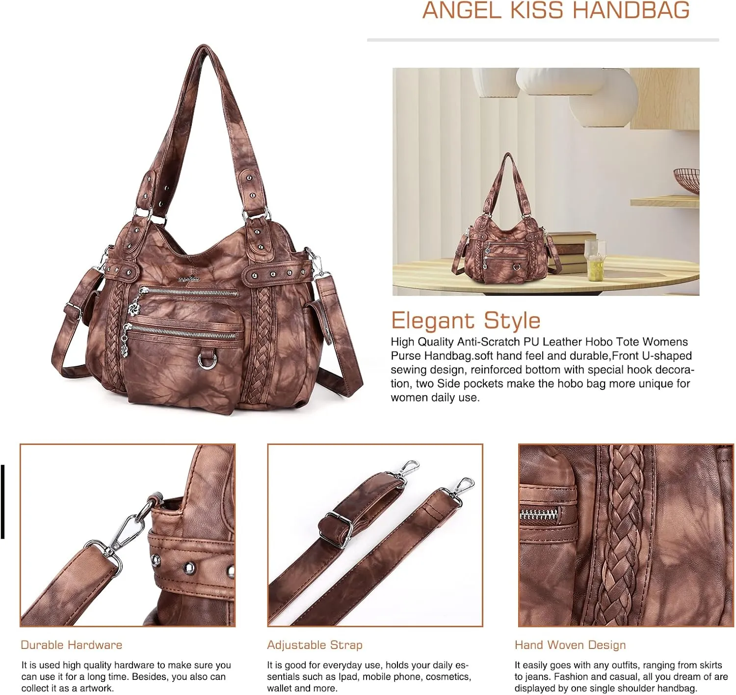Angel Kiss Hobo Handbags for Women Soft PU Leather Shoulder Handbags Ladies Purses
