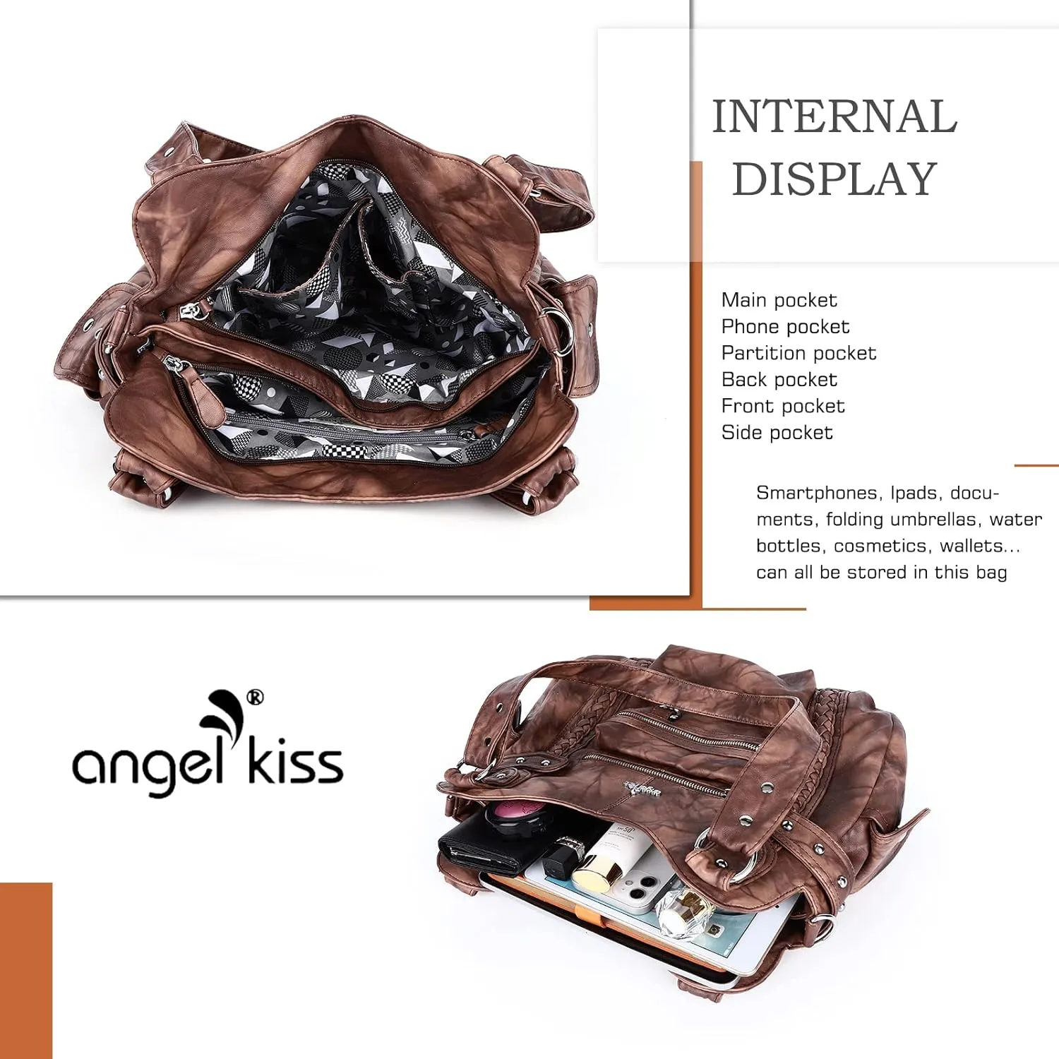 Angel Kiss Hobo Handbags for Women Soft PU Leather Shoulder Handbags Ladies Purses