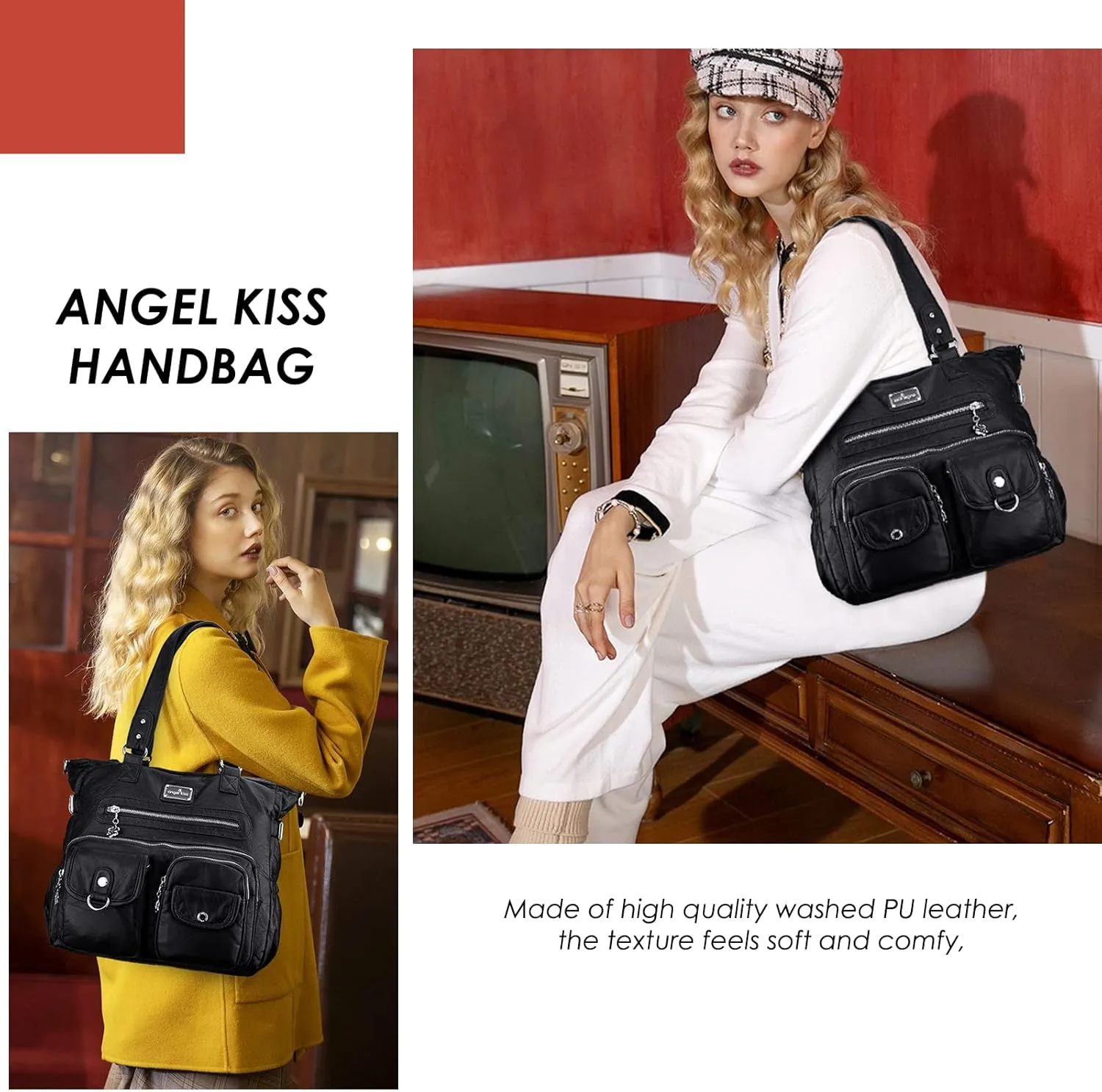 Angel Kiss Purses and Handbag for Women Soft PU Leather Shoulder Handbag Women Tote Satchel Bags Top Handle Satchel