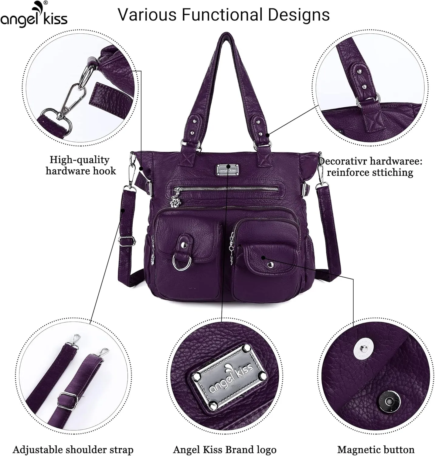 Angel Kiss Purses and Handbag for Women Soft PU Leather Shoulder Handbag Women Tote Satchel Bags Top Handle Satchel
