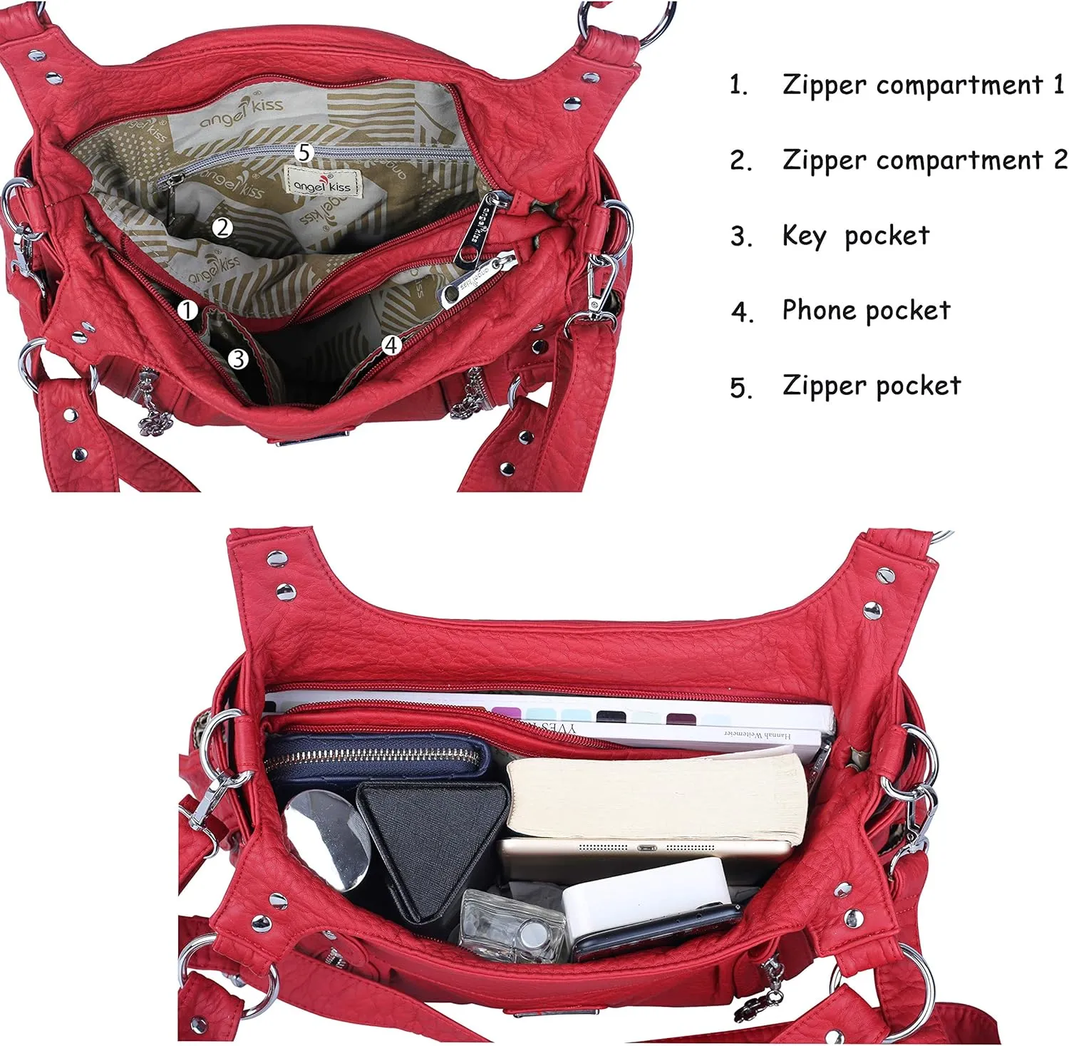 Angelkiss Large Purses and Handbags for Women Washed Faux Leather Crossbody Hobo Satchel Shoulder Handbag Tote Purse
