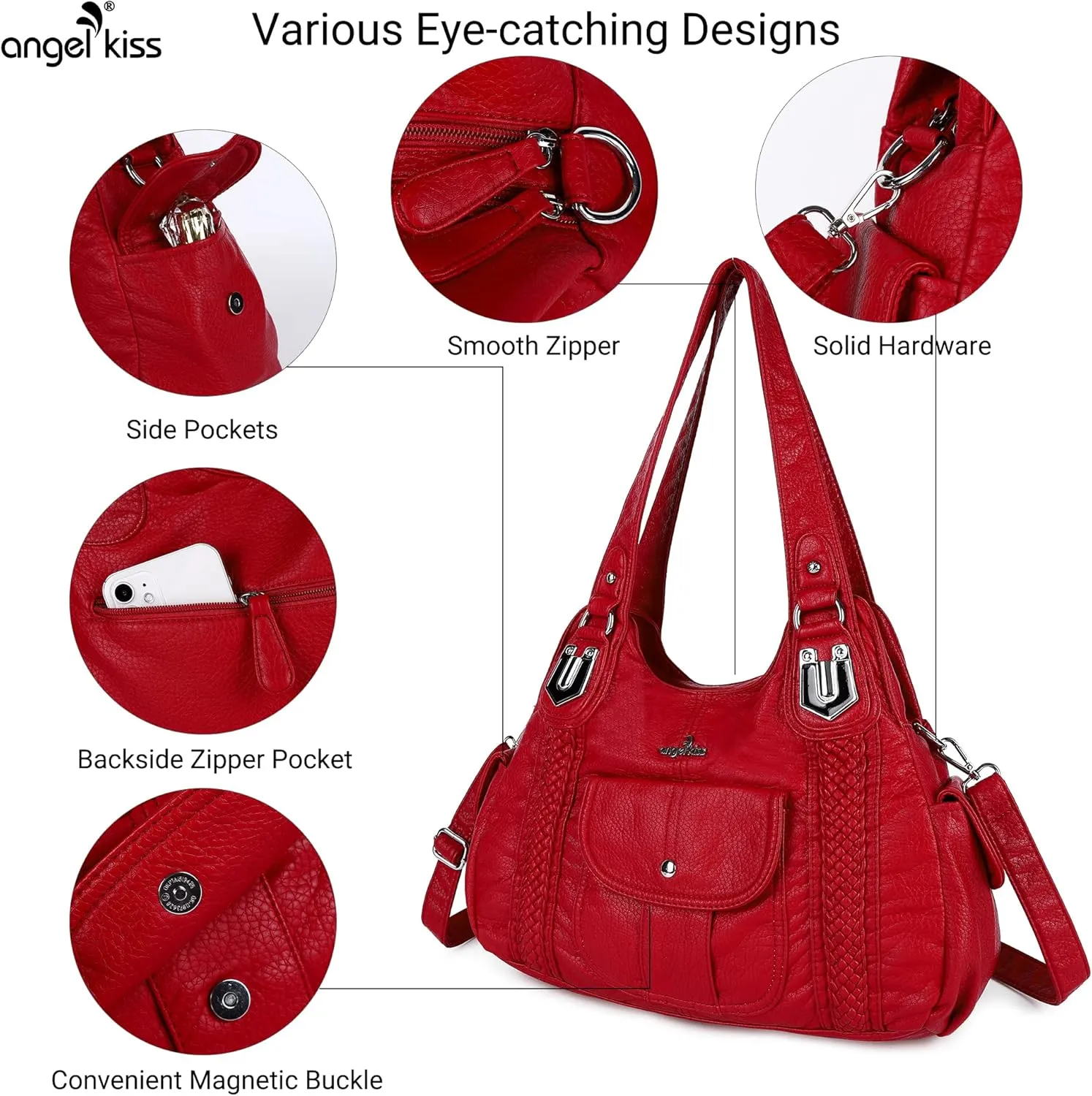 Angelkiss Purses and Handbags for Women Washed Vegan Leather Crossbody Hobo Satchel Shoulder Tote Purse