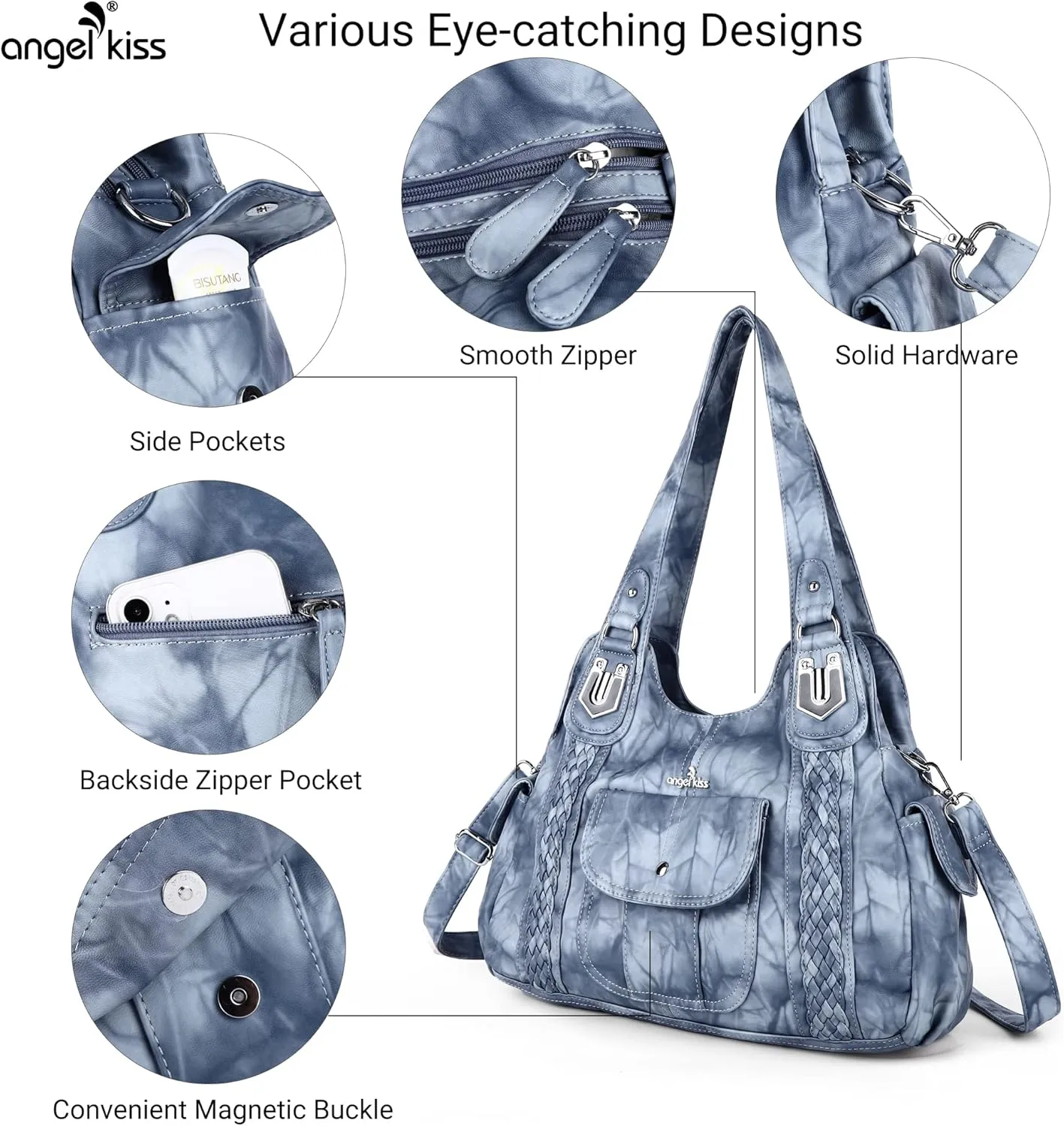 Angelkiss Purses and Handbags for Women Washed Vegan Leather Crossbody Hobo Satchel Shoulder Tote Purse