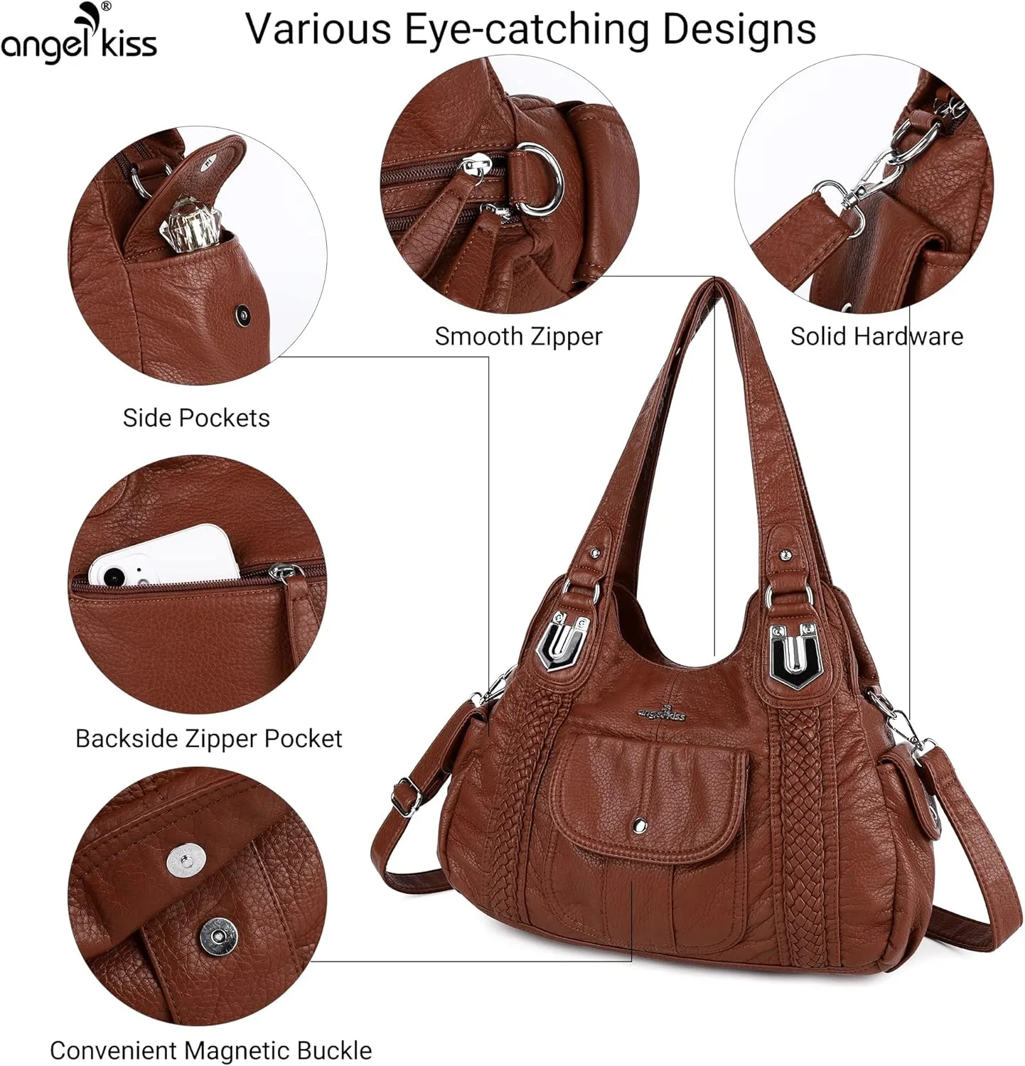 Angelkiss Purses and Handbags for Women Washed Vegan Leather Crossbody Hobo Satchel Shoulder Tote Purse