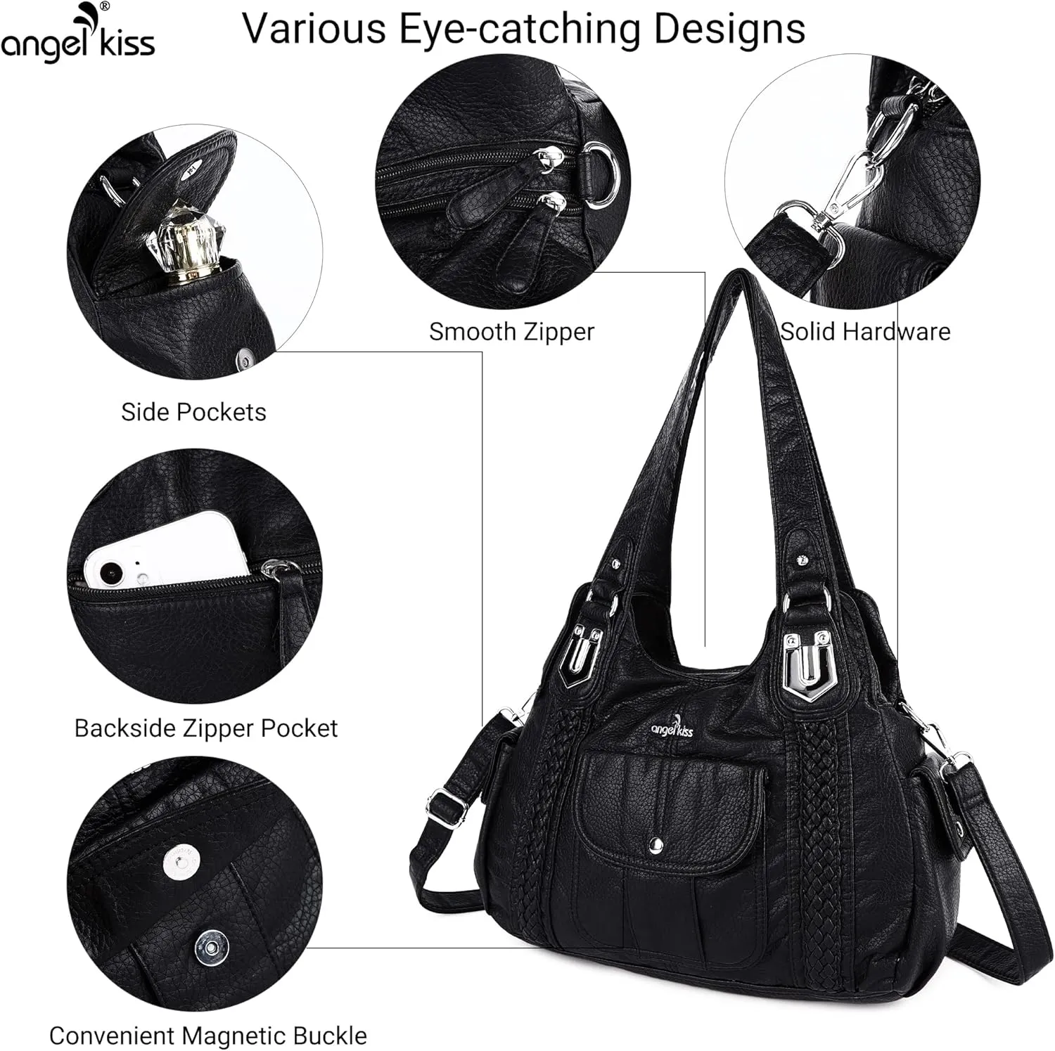 Angelkiss Purses and Handbags for Women Washed Vegan Leather Crossbody Hobo Satchel Shoulder Tote Purse