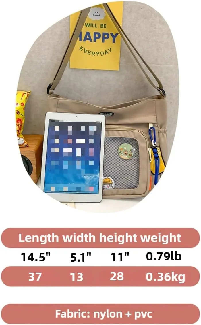 Anime Ita Bag Kawaii 2YK Pin Display Crossbody Purse with Pendant Large Capacity Waterproof Shoulder Bags for Women (Black)