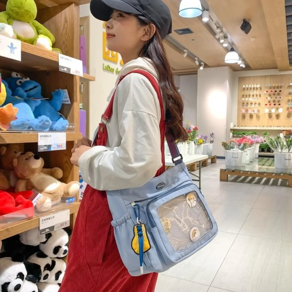 Anime Ita Bag Kawaii 2YK Pin Display Crossbody Purse with Pendant Large Capacity Waterproof Shoulder Bags for Women (Black)