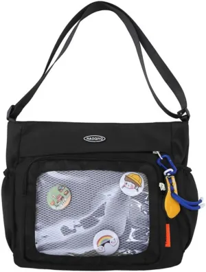 Anime Ita Bag Kawaii 2YK Pin Display Crossbody Purse with Pendant Large Capacity Waterproof Shoulder Bags for Women (Black)