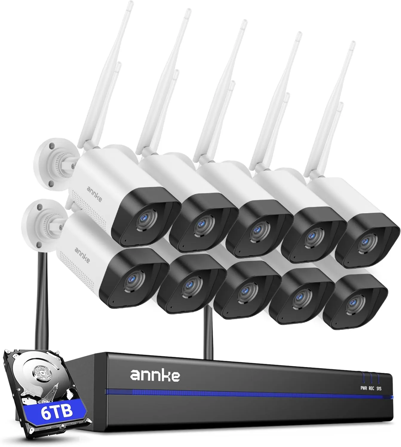 ANNKE 16 Channel Wireless Security Camera System, 4K Expandable 16CH NVR with 10 Cam 3MP, 6TB HDD, WiFi Security Camera, 100ft IR Night Vision, 2-Way Audio, Remote Access, AI Human Detection