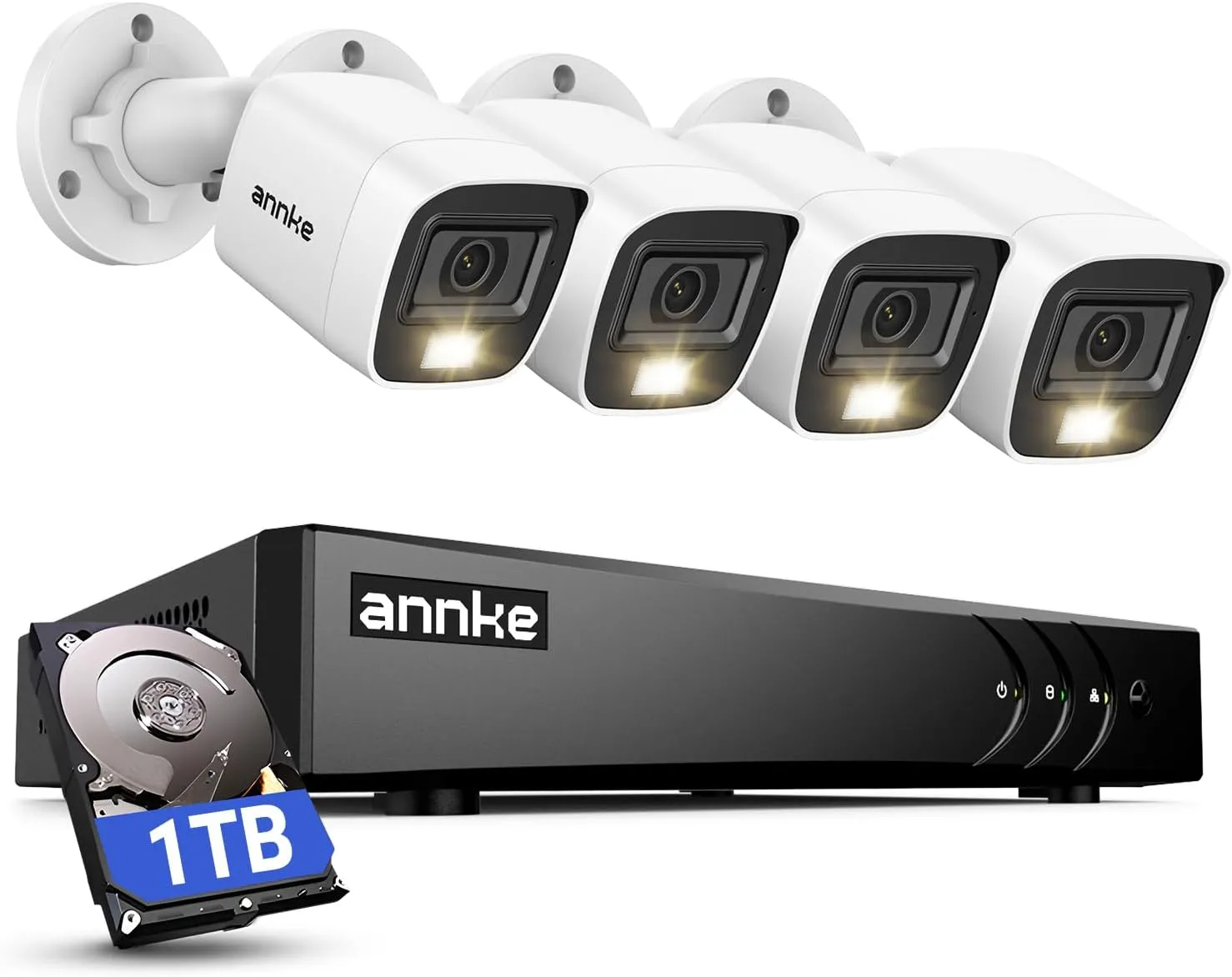 ANNKE 2MP Security Camera System, 8CH 3K Lite DVR Recorder with AI Motion Detection, 4X 1080P (1920×1080) Add-on Wired White Cams with Smart Color Night Vision, IP67, 3.6mm Lens, 1TB Hard Drive Disk