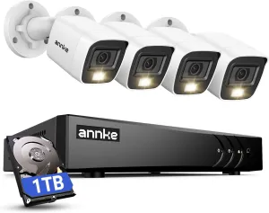 ANNKE 2MP Security Camera System, 8CH 3K Lite DVR Recorder with AI Motion Detection, 4X 1080P (1920×1080) Add-on Wired White Cams with Smart Color Night Vision, IP67, 3.6mm Lens, 1TB Hard Drive Disk
