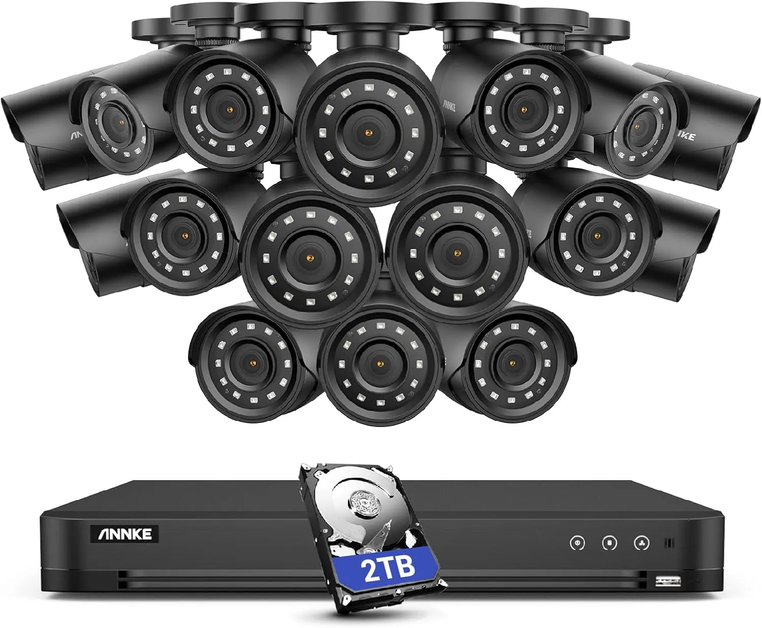ANNKE 32-Channel Security Camera System, H.265  1080P Video AI DVR Recorder with 2TB Surveillance Hard Drive and (16) 2.0MP Weatherproof CCTV Camera with Superior Night Vision, Human/Vehicle Detection