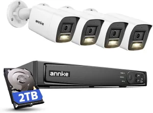ANNKE H800 4K PoE Security Camera System 8CH H.265  NVR with 2TB HDD for 7/24 Recording, AI Human/Vehicle Detection, 4X 8MP Outdoor Bullet IP Cam, Spotlight Color Night Vision, IP67, Built-in Mic