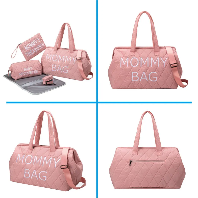 ANYMOM Mommy Diaper Bag Pink Handbag 5 pcs set with Portable Changing Pad Adjustable and Removable Strap Diamond Pattern Maternity Bag