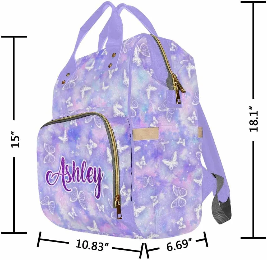 Artsadd Custom Diaper Bag Backpack with Name, Customized Purple White Butterfly Print Personalized Mommy Nursing Nappy Bags Casual Travel Daypack for Mom Women