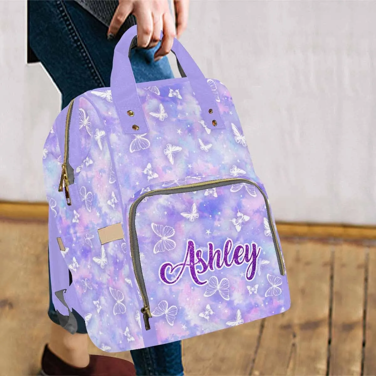 Artsadd Custom Diaper Bag Backpack with Name, Customized Purple White Butterfly Print Personalized Mommy Nursing Nappy Bags Casual Travel Daypack for Mom Women