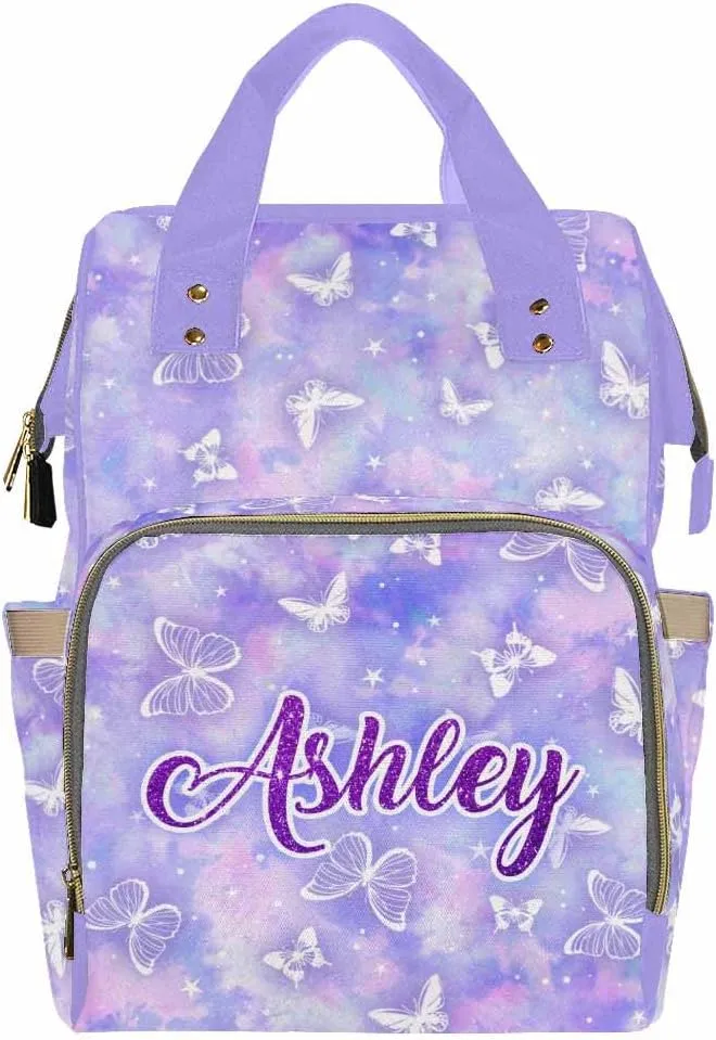 Artsadd Custom Diaper Bag Backpack with Name, Customized Purple White Butterfly Print Personalized Mommy Nursing Nappy Bags Casual Travel Daypack for Mom Women