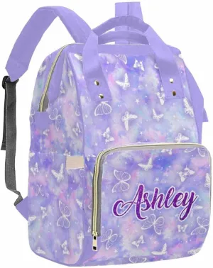 Artsadd Custom Diaper Bag Backpack with Name, Customized Purple White Butterfly Print Personalized Mommy Nursing Nappy Bags Casual Travel Daypack for Mom Women