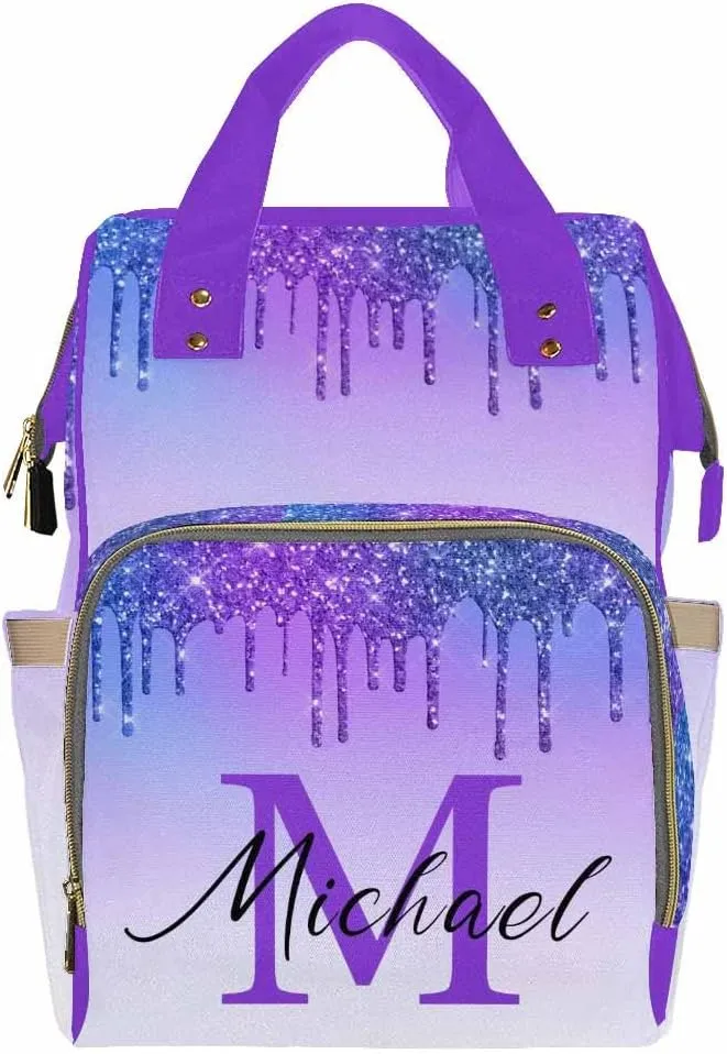 Artsadd Custom Made Diaper Bags for Men Women, Customized Gradient Purple Glitter Diaper Bag Cute Tote Bags Personalized Mommy Nursing Daycare Bags Shoulder Casual Daypack